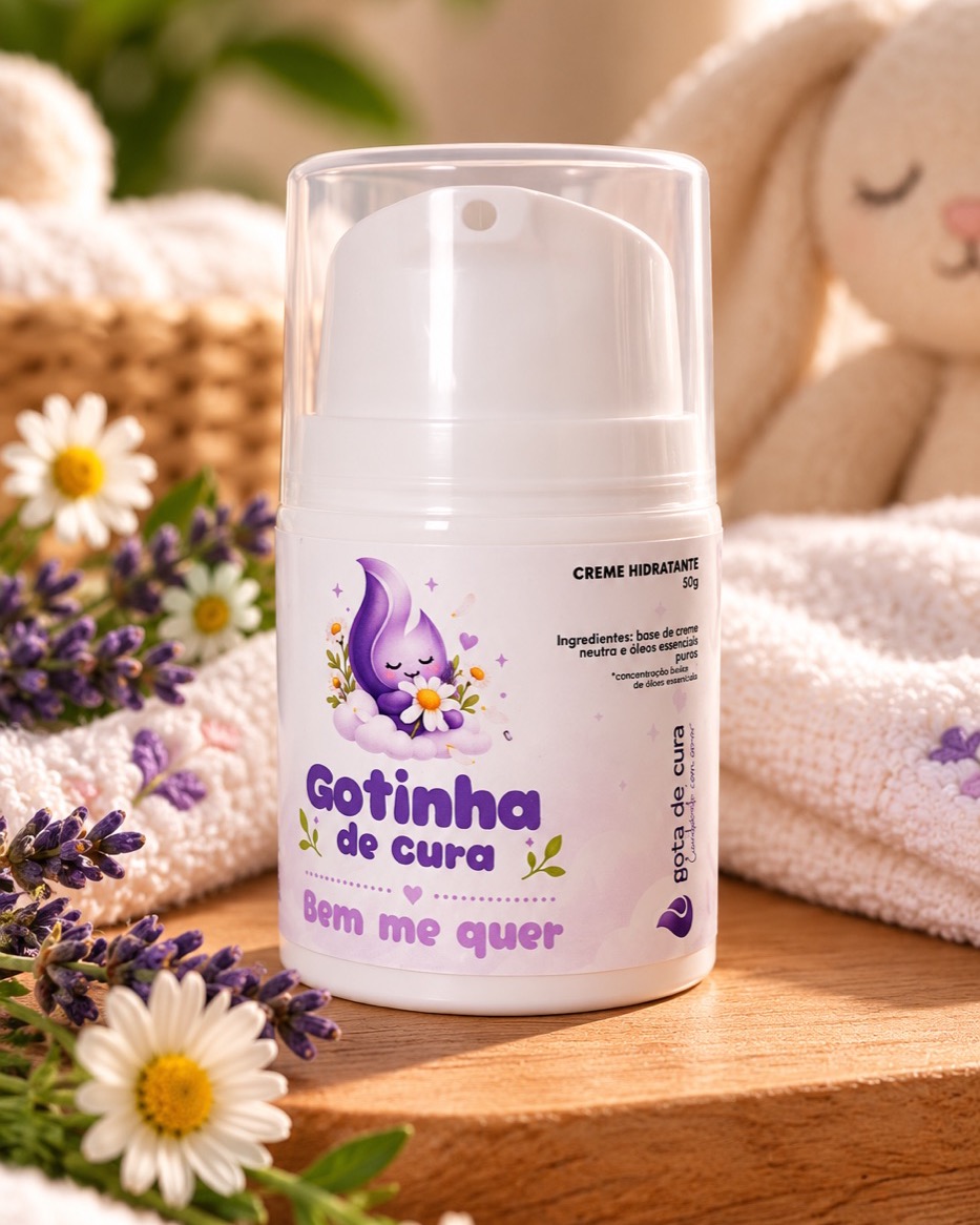 Frasco com válvula pump do creme Bem Me Quer entre flores de camomila e lavanda, toalhas brancas e um coelhinho de pelúcia ao fundo