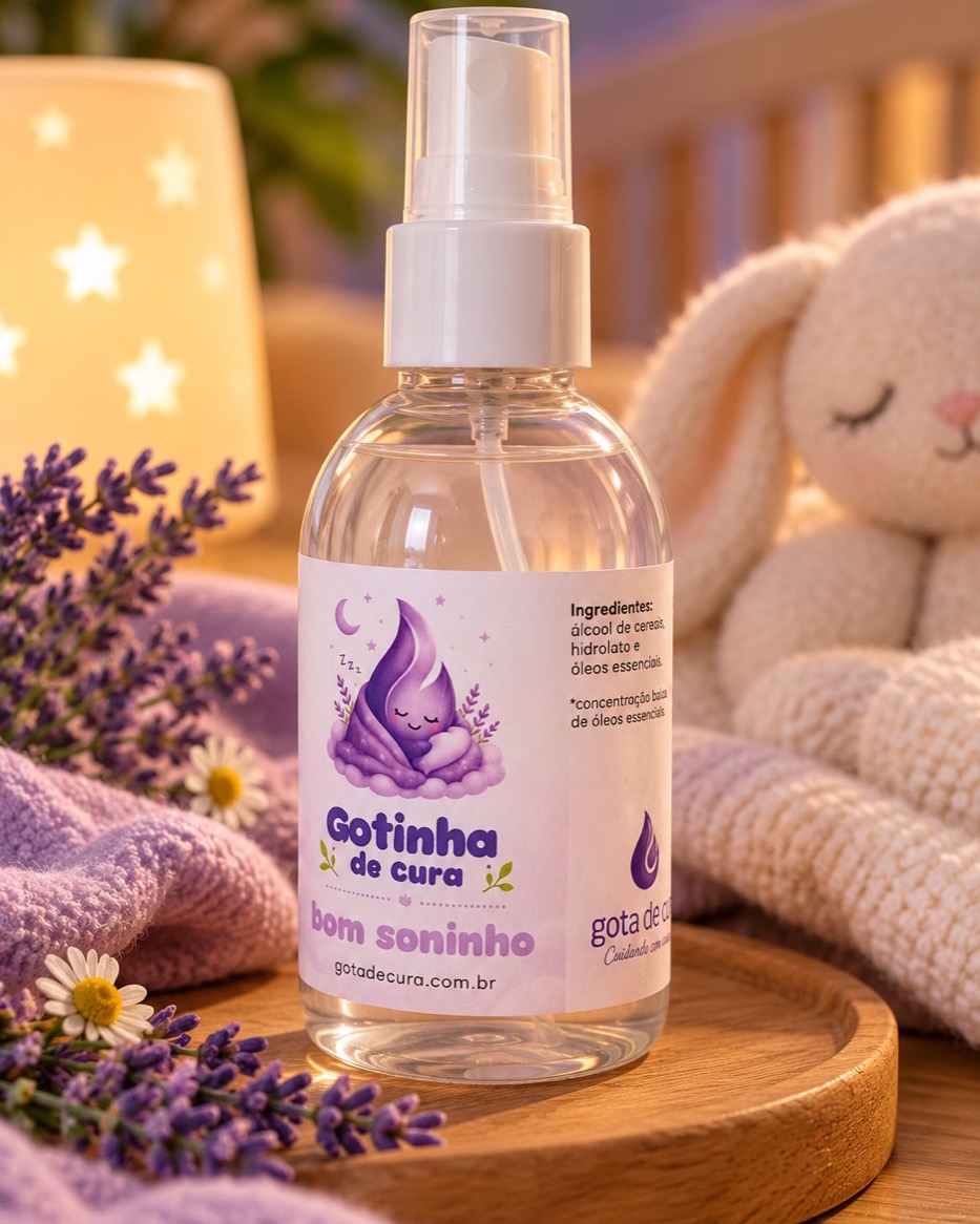 Frasco spray do Bom Soninho sobre uma bandeja de madeira, ao lado de raminhos de lavanda, uma manta lilás, um coelhinho de pelúcia e um abajur de estrelas aceso
