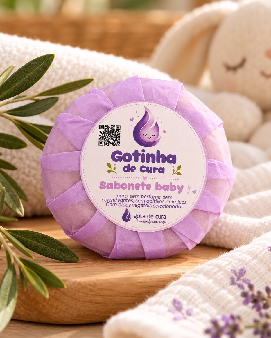 Sabonete Baby embrulhado em papel de seda lilás com o rótulo da Gotinha de Cura, sobre madeira, entre toalhas, ramos de oliveira e lavanda