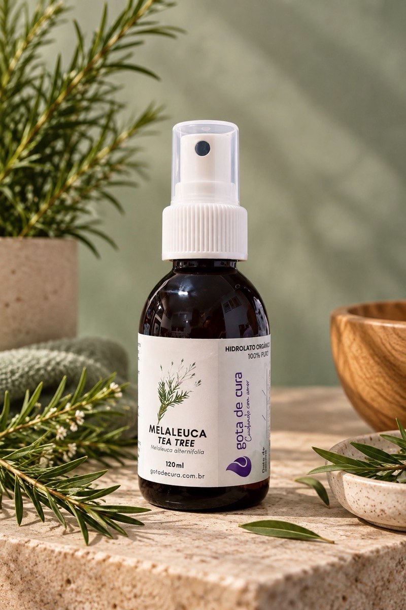 Frasco âmbar de hidrolato de melaleuca da Gota de cura, de 120 ml, com válvula spray, entre ramos floridos de melaleuca