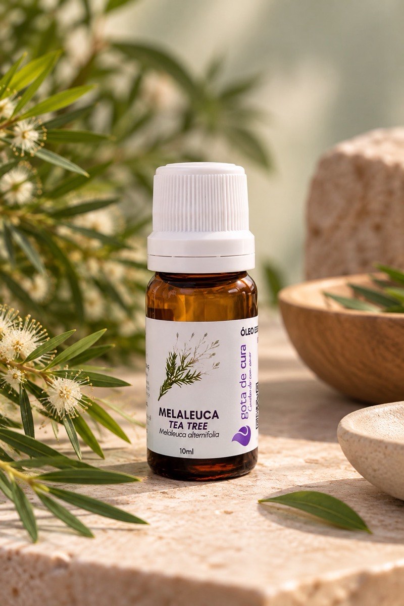 Frasco âmbar de óleo essencial de melaleuca da Gota de cura, de 10 ml, sobre uma pedra clara, entre ramos e flores de melaleuca
